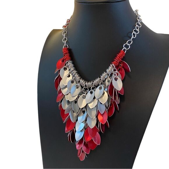 Artisan Designed & Created One of a Kind Red & Silver Bib Statement Necklace - Picture 3 of 5
